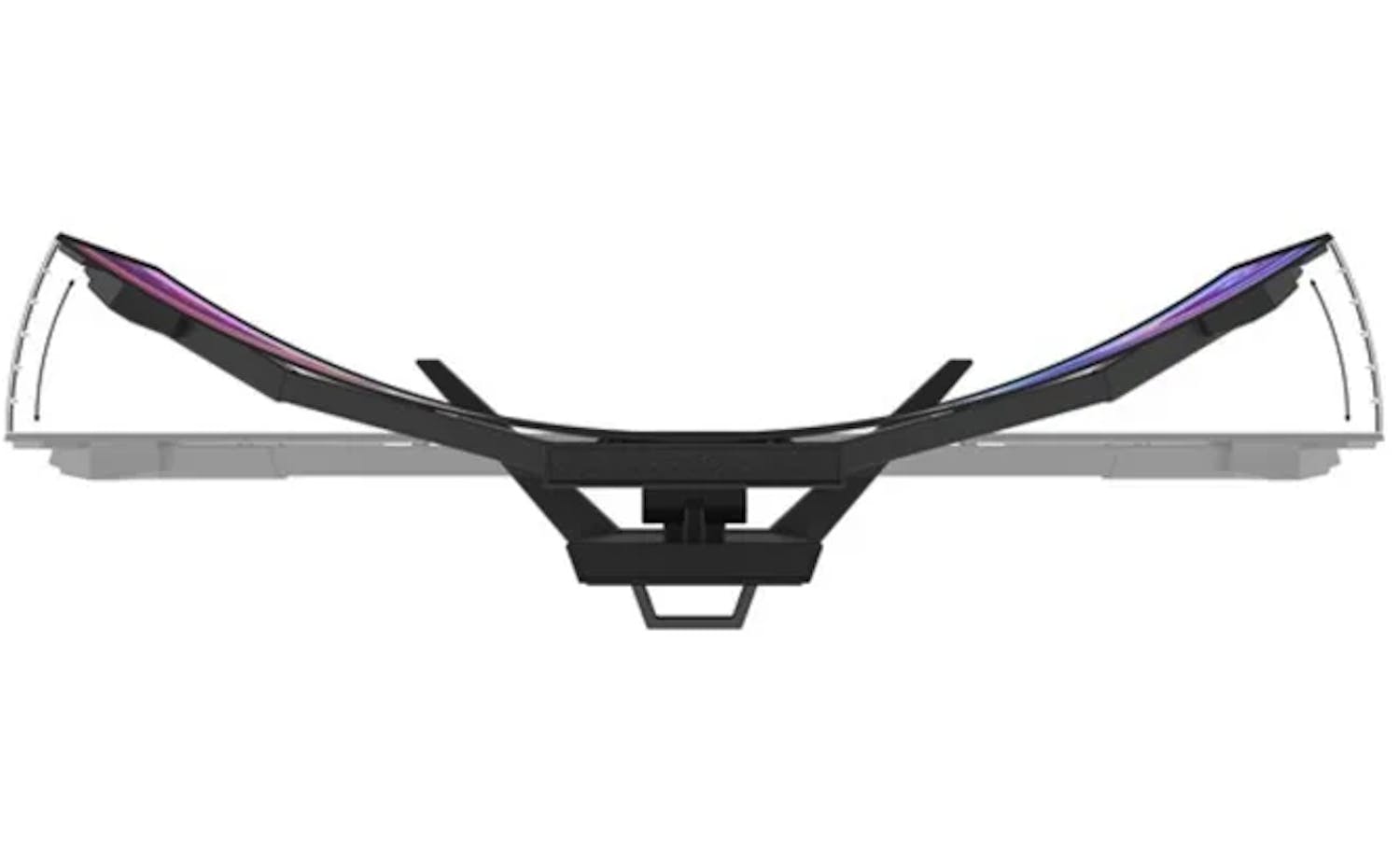 Datorskärmen Corsair Xeneon Flex 45WQHD240 sedd uppifrån i välvd och i rak form. Datorskärmen Corsair Xeneon Flex 45WQHD240 sedd uppifrån i välvd och i rak form.